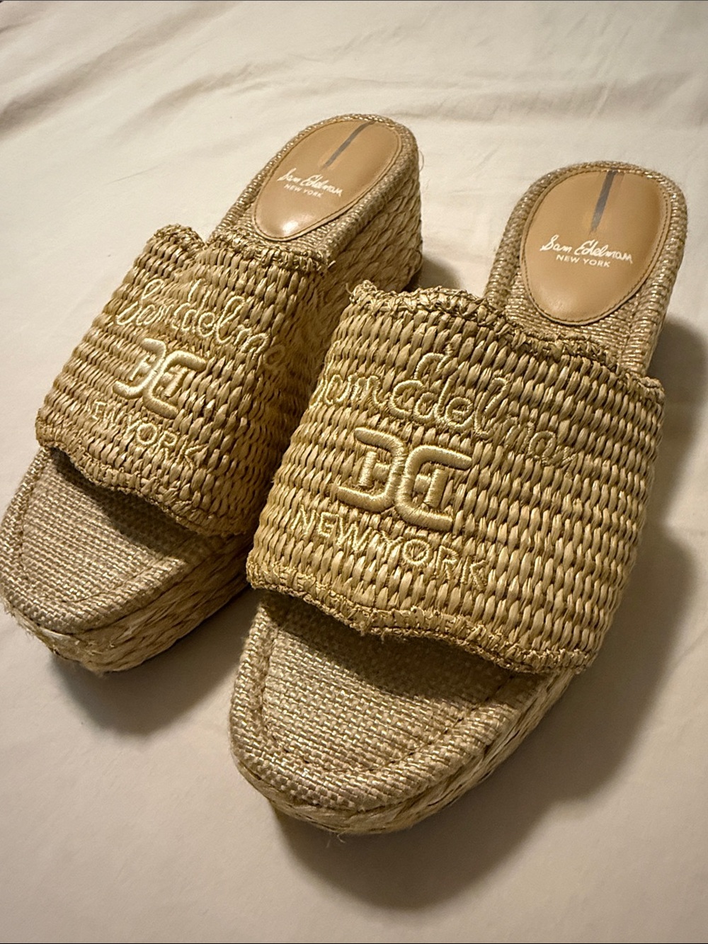 Sam Edelman Woven Straw Platform Slide Mules in Natural